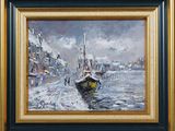 an oil painting of a boat in a harbor on a cloudy day