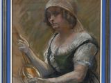 tableau représentant une femme coiffée d'un bonnet, tenant un pinceau et un bol