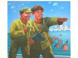 painting of two men in military uniforms pointing at something in the distance