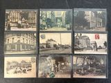 several old black and white photos of old buildings and people