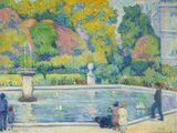 painting of a fountain in a park with people and a dog
