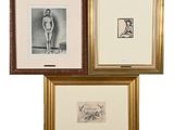 three framed pictures of a man and a woman in a bathroom