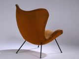 an orange chair with black legs and a brown seat on a white background