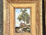 two paintings of a man and a woman in a wooded setting