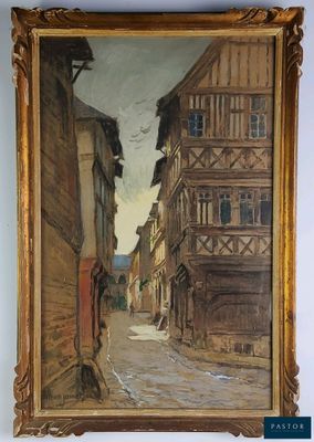une peinture à l'huile représentant une scène de rue avec des bâtiments de chaque côté de la rue