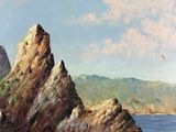 an oil painting of a rocky beach with mountains in the background