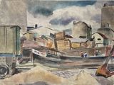 une aquarelle représentant un bateau dans un port