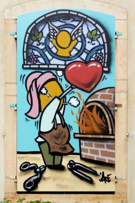 painting of a woman holding a heart in front of a window