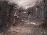 an oil painting of a dark landscape with trees in the foreground