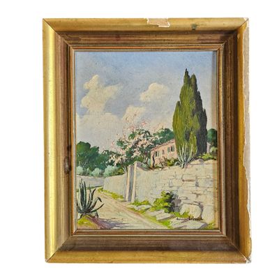 une peinture à l'huile représentant une route de campagne bordée d'arbres et de buissons