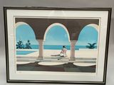 tableau représentant une femme assise sur un banc au bord de l'eau