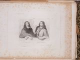 an old drawing of two women sitting next to each other on a table