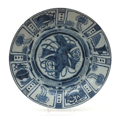an image of a blue and white plate with a design on it
