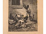a black and white drawing of a group of chickens in a barn