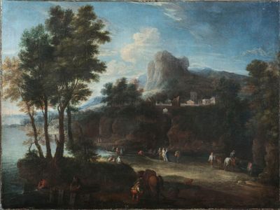 peinture d'un paysage avec une rivière et un château au loin
