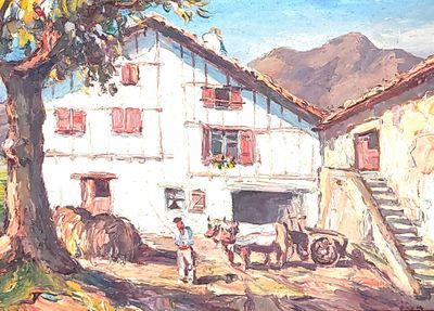 a painting of a horse drawn carriage in front of a house