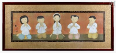 a picture of a painting of three children in a row