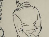 drawing of a man in a trench coat standing next to a man in a hat