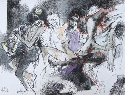 dessin représentant un groupe de personnes en train de danser dans une salle de bal