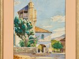 une peinture à l'huile représentant un bâtiment avec une tour horloge en arrière-plan