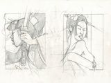 croquis représentant une femme vêtue d'un kimono et un homme vêtu d'un kimono