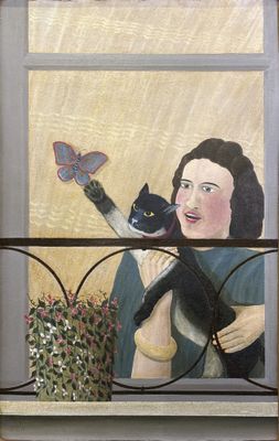 un tableau représentant une femme tenant un chat devant une fenêtre