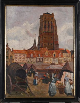 une peinture à l'huile représentant une scène urbaine avec une église en arrière-plan