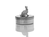 un lapin en argent posé sur une boîte en argent