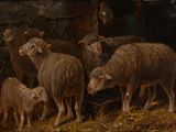 tableau représentant un troupeau de moutons dans une grange, avec un agneau au premier plan