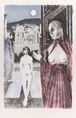 drawing of a woman standing in front of a window next to another woman