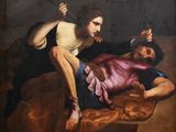 tableau représentant un homme allongé sur un lit, un couteau à la main