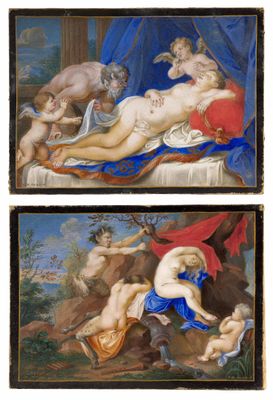 three paintings of a woman laying on a bed and a man laying on a bed