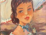 painting of a woman with a white umbrella in a field