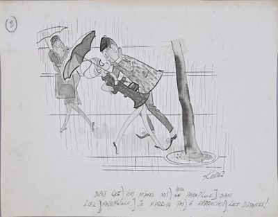 dessin représentant une femme marchant sous la pluie avec un parapluie