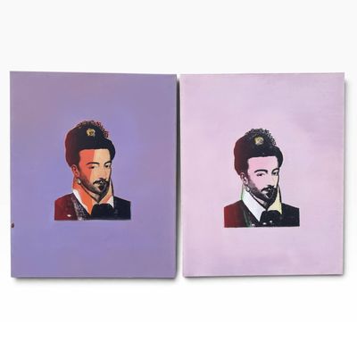 deux tableaux représentant un homme barbu et un homme moustachu