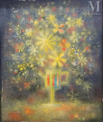 une peinture à l'huile représentant un vase avec des fleurs sur une table