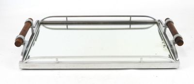 silver plated serving tray with wooden handles and handles