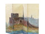 a painting of a view of a city with a river in the foreground
