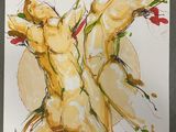 painting of two nudes on a white background with red and green paint