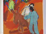 a painting of a woman and a donkey in a field