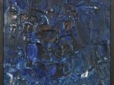 une peinture abstraite réalisée à la peinture bleue et noire sur un châssis noir