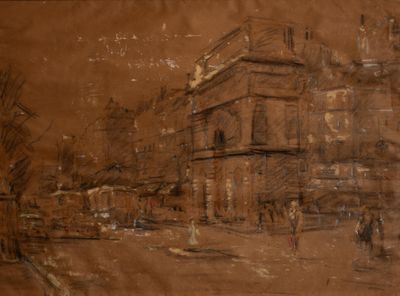 dessin représentant une scène de rue avec une calèche au premier plan