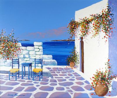 une peinture à l'huile représentant une table et des chaises face à l'océan