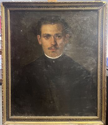 un tableau représentant un homme moustachu vêtu d'une robe noire