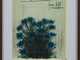an image of a painting of blue flowers in a brown frame