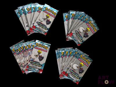 six packs of pokemon trading cards on a black background