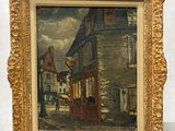 une peinture à l'huile représentant une scène de rue, dans un cadre doré