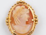 une broche-camaïeu en or et coquillage représentant une femme