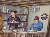 a painting of a man and a woman in a kitchen