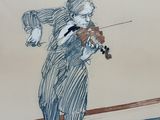 drawing of a man playing a violin on a rug in a room